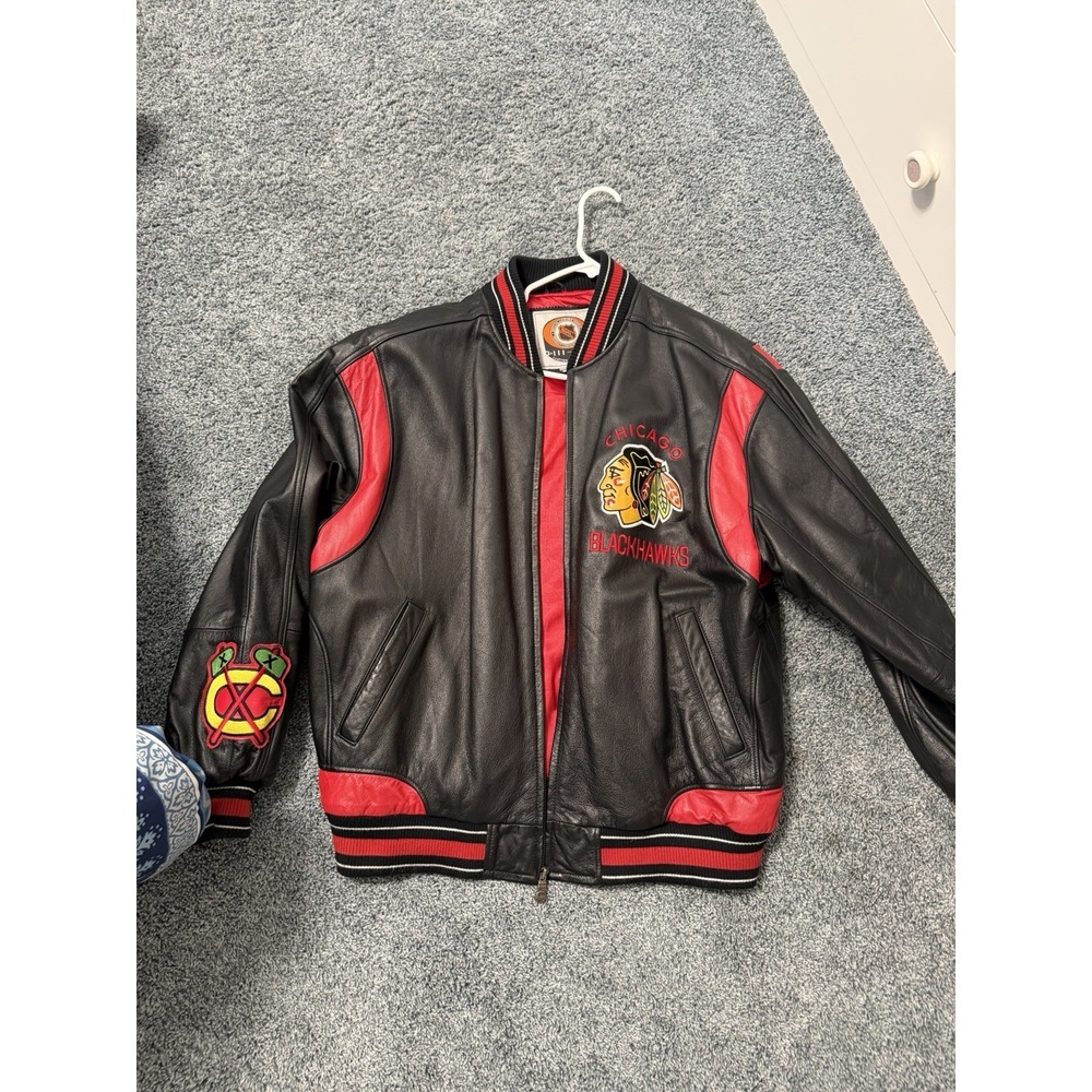 Vintage Chicago Blackhawks Leather Jacket XL G-III Carl Banks NHL Full Zip